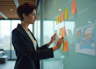 Processus d’évolution : les 3 fondamentaux expliqués Femme d'âge moyen organisant des notes colorées dans un bureau moderne