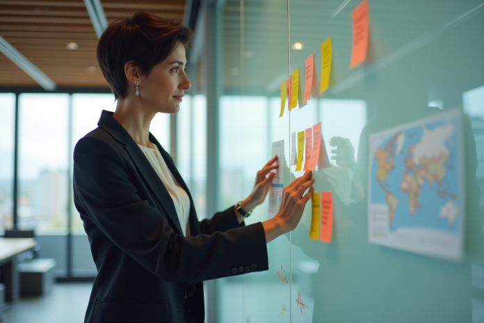 femme-organisation-idees Femme d'âge moyen organisant des notes colorées dans un bureau moderne