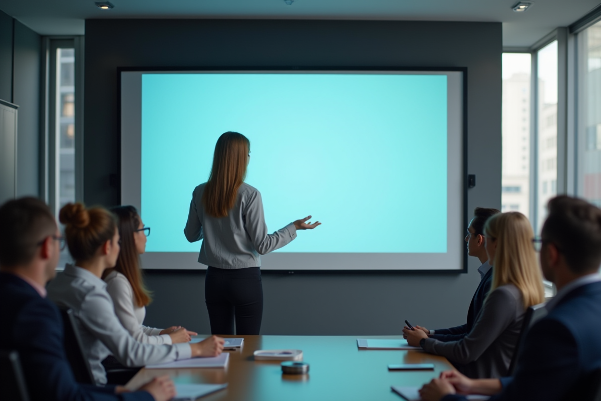 Femme expliquant devant un tableau interactif en réunion