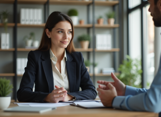 Femme professionnelle en blazer écoute un collègue au bureau