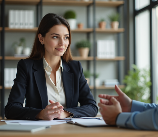 Femme professionnelle en blazer écoute un collègue au bureau