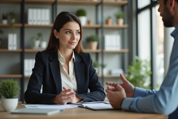 Femme professionnelle en blazer écoute un collègue au bureau