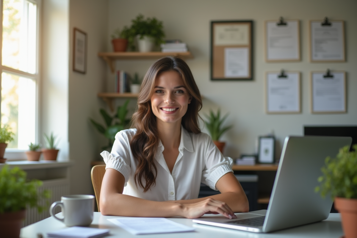 Femme souriante au bureau à domicile avec ordinateur et café