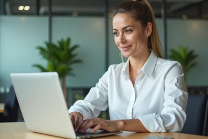 Femme professionnelle rédigeant un email en anglais sur son ordinateur portable dans un bureau moderne