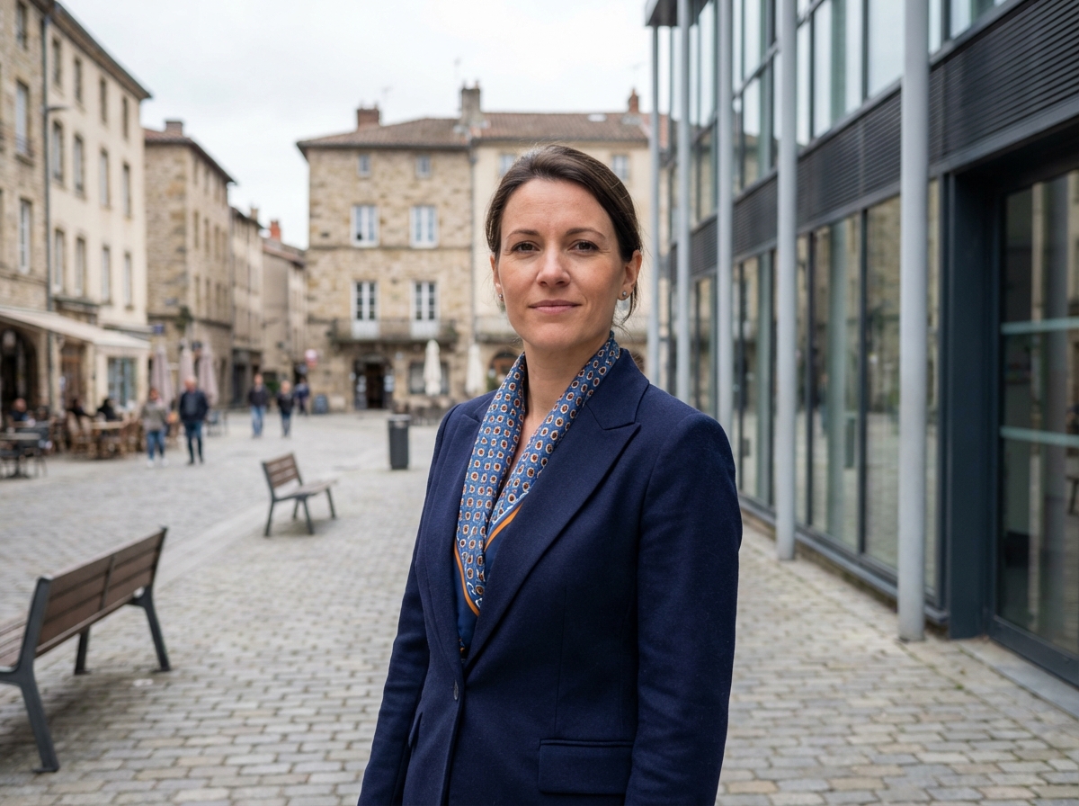 Femme en blazer dans un centre urbain de Thiers