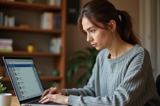 Femme parcourant des cours en ligne sur son ordinateur portable dans un bureau à domicile chaleureux
