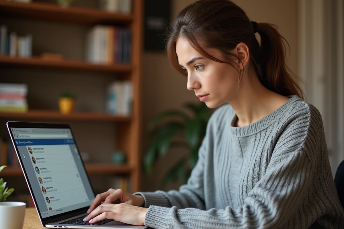 Femme parcourant des cours en ligne sur son ordinateur portable dans un bureau à domicile chaleureux