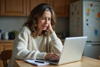 Femme d'âge moyen consulte le portail scolaire sur son ordinateur