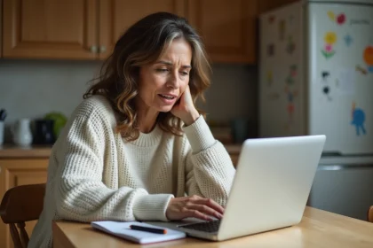 Femme d'âge moyen consulte le portail scolaire sur son ordinateur
