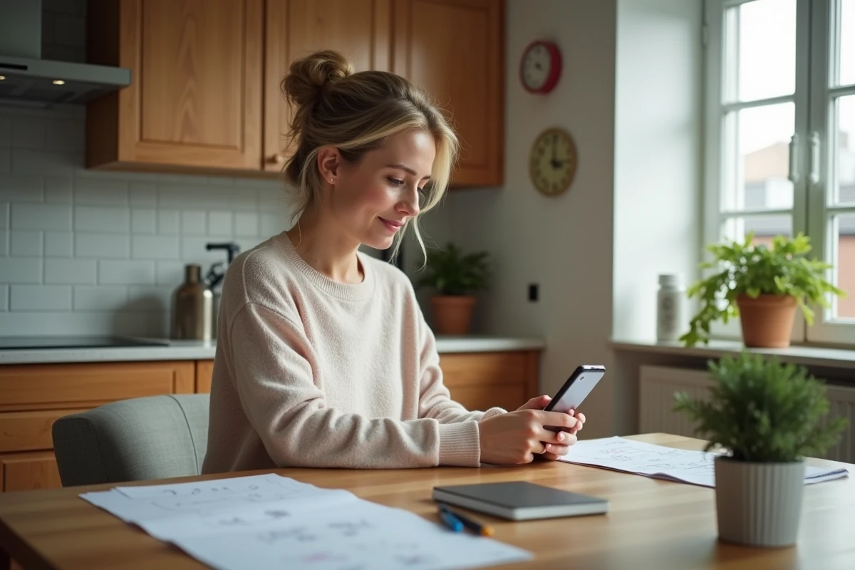 Femme assise à la cuisine avec son smartphone