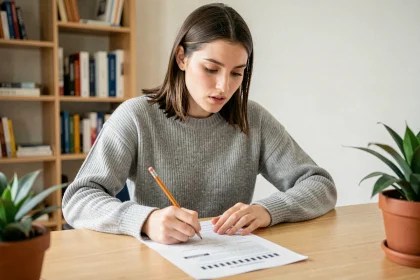 Jeune femme concentrée en train de passer un test de QI sur papier dans un bureau moderne à domicile