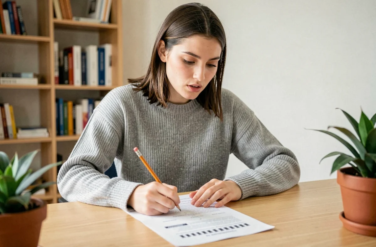 Jeune femme concentrée en train de passer un test de QI sur papier dans un bureau moderne à domicile