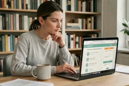 Femme concentrée passant un test de QI gratuit en ligne sur un ordinateur portable dans un bureau à domicile