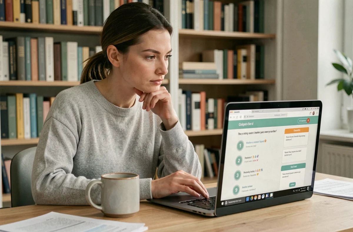 Femme concentrée passant un test de QI gratuit en ligne sur un ordinateur portable dans un bureau à domicile