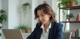 Femme en formation en ligne dans un espace de travail moderne