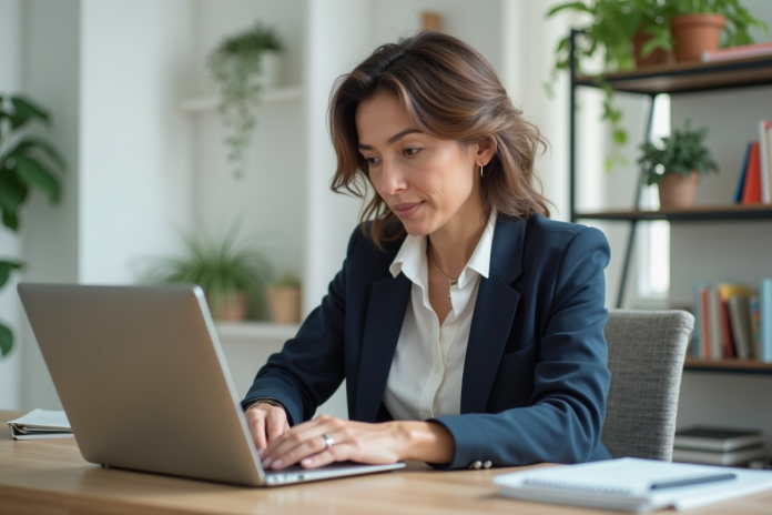 Femme en formation en ligne dans un espace de travail moderne