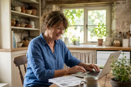 Femme d'âge moyen travaillant sur un laptop dans une cuisine chaleureuse
