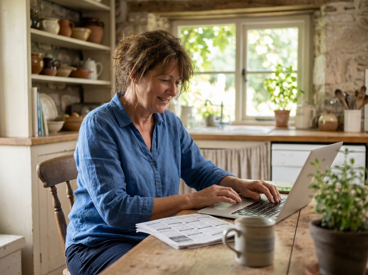 Femme d'âge moyen travaillant sur un laptop dans une cuisine chaleureuse