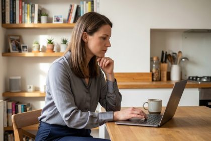 Femme concentrée travaillant sur son ordinateur dans une cuisine lumineuse