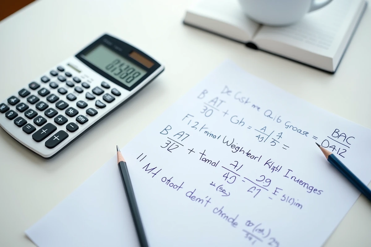 Vue aérienne d'une feuille de notes du bac avec coefficients annotés à la main et calculatrice affichant une moyenne