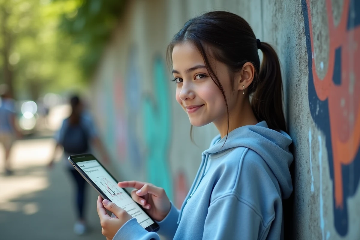 Fille avec tablette graphique en extérieur