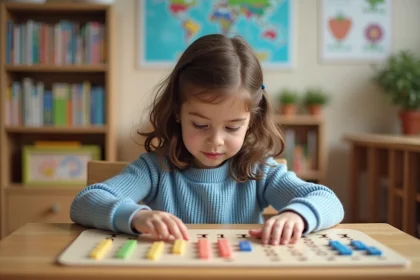 Jeune fille concentrée avec table de multiplication Montessori