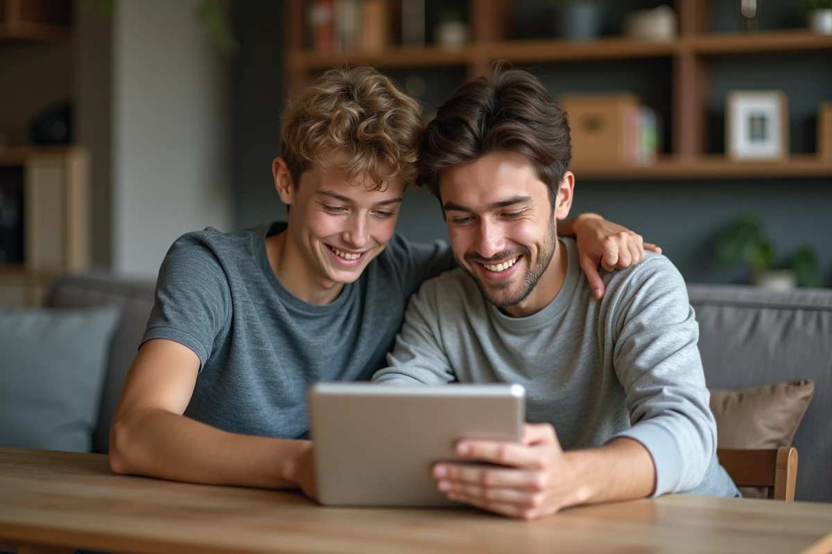 Fils et père regardant une tablette ensemble
