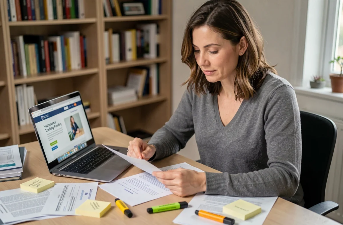 Femme recherchant des aides financières pour financer une formation menuiserie depuis son bureau à domicile