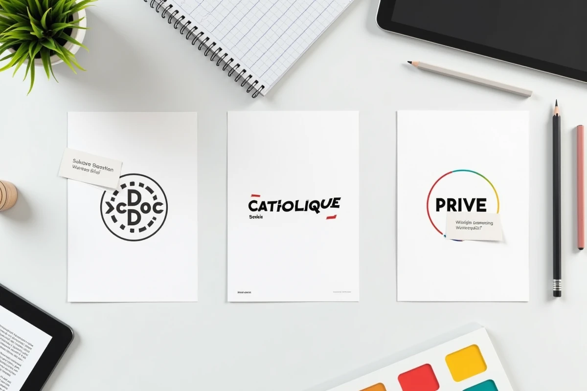 Flat-lay de trois maquettes de logos d'école publique, catholique et privée sur fond blanc