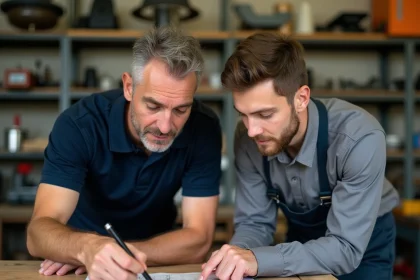Formateur CFA accompagnant un apprenti sur un schéma technique en atelier de formation professionnelle