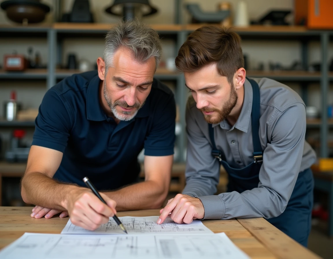 Formateur CFA accompagnant un apprenti sur un schéma technique en atelier de formation professionnelle
