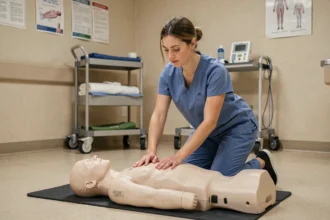 Infirmière en tenue bleue réalisant un massage cardiaque sur un mannequin lors d'une formation AFGSU en milieu hospitalier