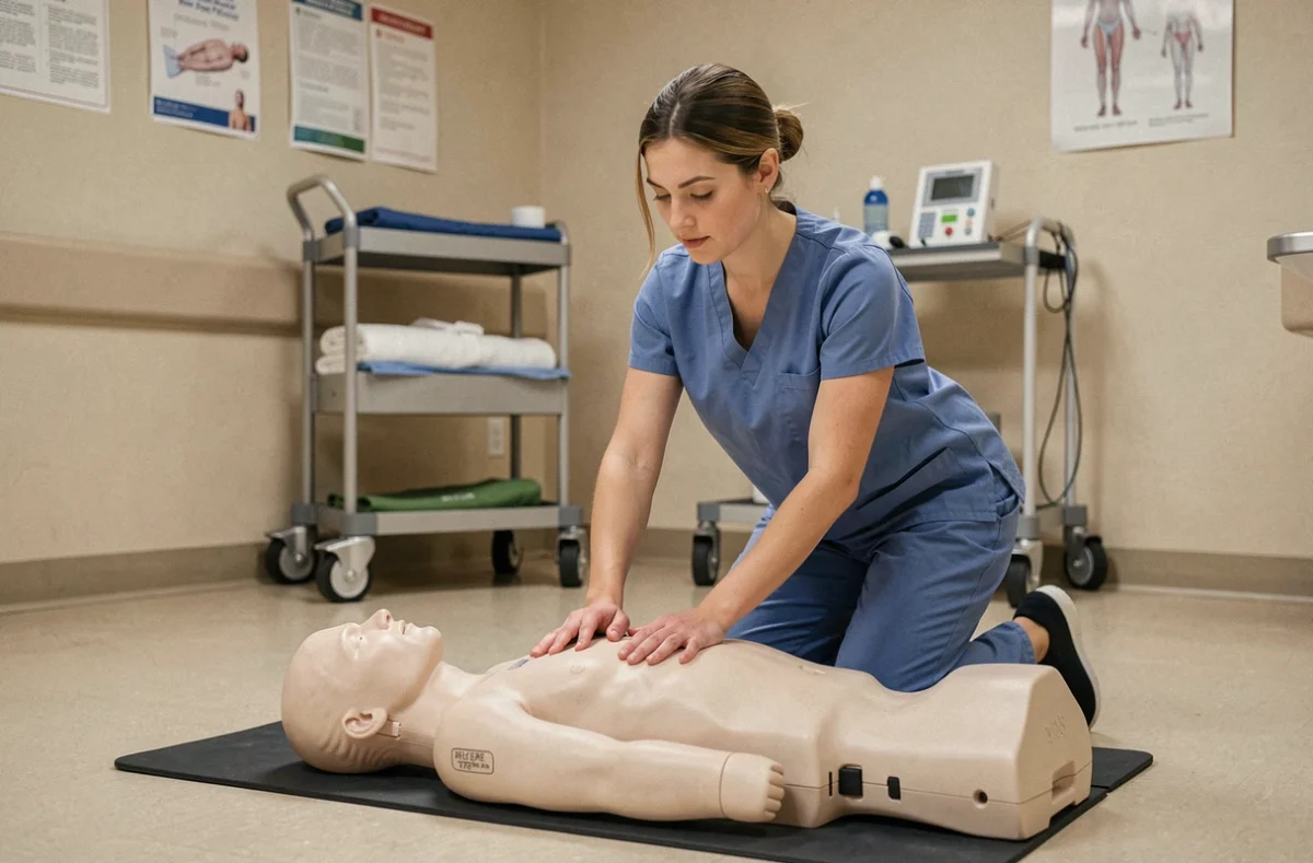 Infirmière en tenue bleue réalisant un massage cardiaque sur un mannequin lors d'une formation AFGSU en milieu hospitalier