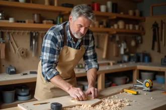 Homme adulte débutant en bricolage mesurant une planche de bois dans un atelier de menuiserie amateur avec outils posés sur un établi