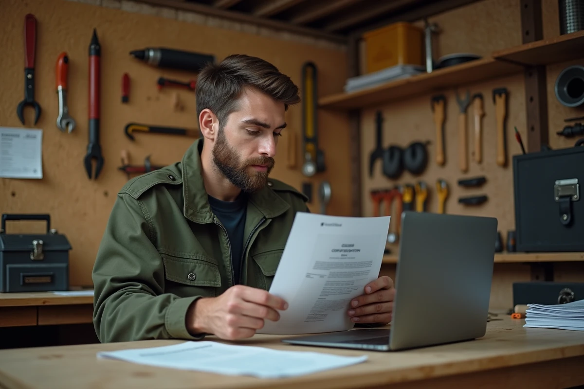 Jeune homme consultant ses résultats de certification bricolage en ligne dans un atelier bricolage à domicile