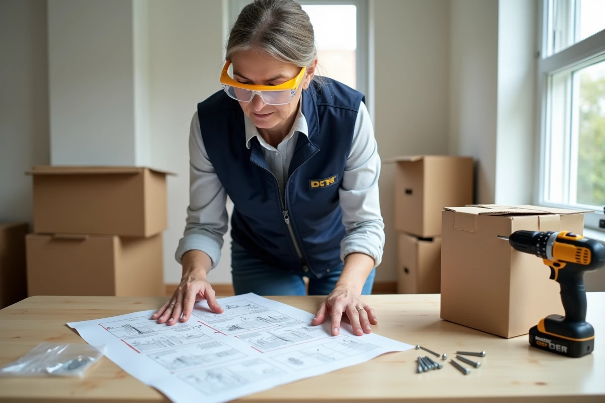 Femme adulte débutante en bricolage assemblant une étagère chez elle en suivant un tutoriel imprimé avec une perceuse sans fil