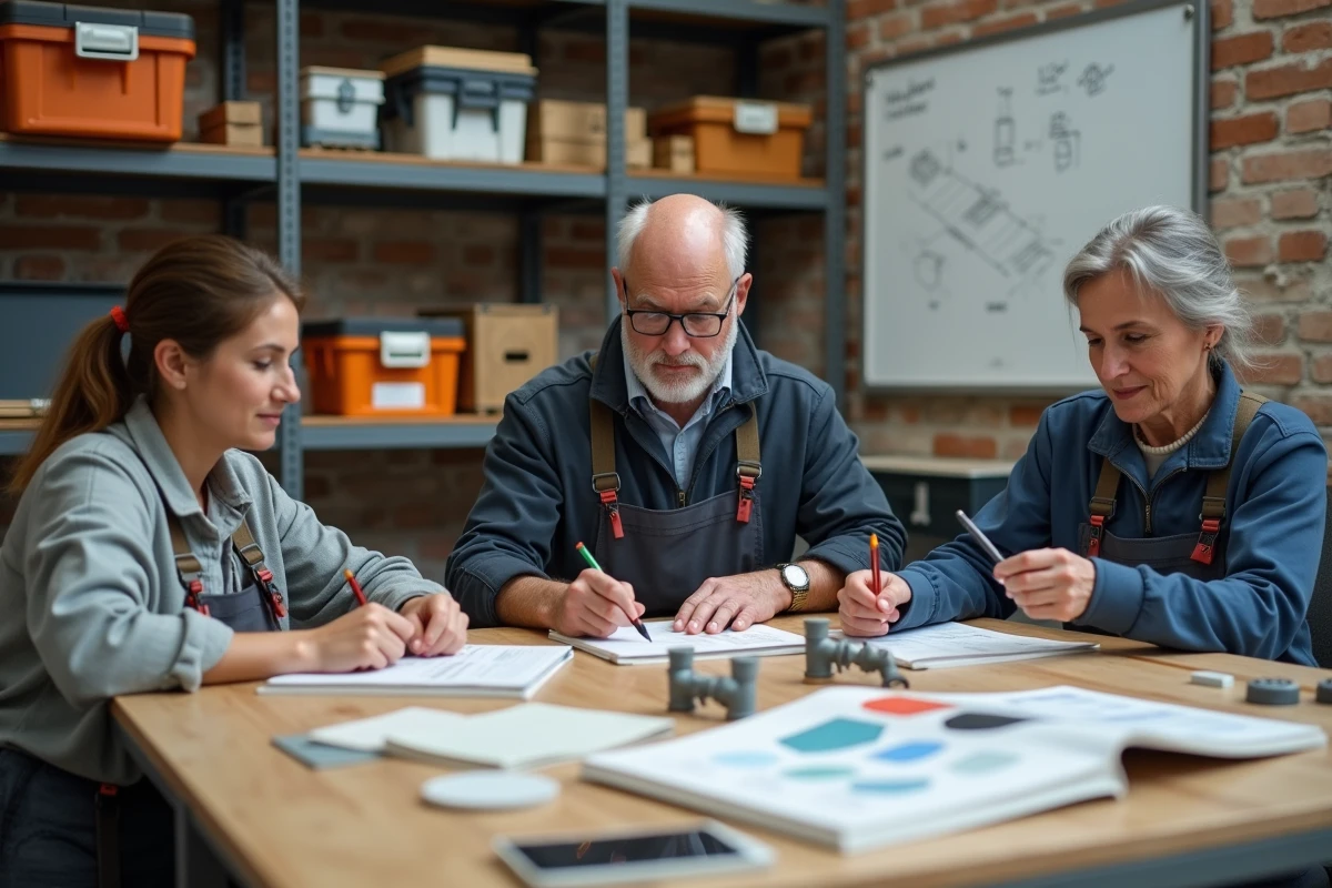 Groupe d'adultes débutants en formation bricolage pratique dans un atelier pédagogique avec outils et fiches techniques sur la table