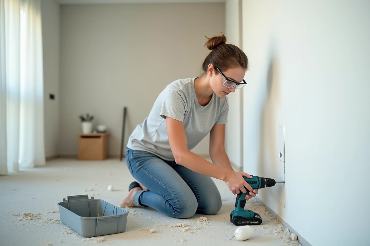 Femme utilisant une perceuse sans fil sur un mur d'appartement avec lunettes de protection, représentant une formation pratique au bricolage pour débutants