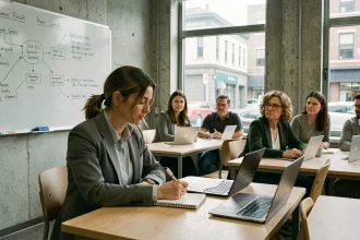 Étudiante adulte en formation continue prenant des notes dans une salle de cours moderne au Cnam Saint-Nazaire