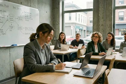 Étudiante adulte en formation continue prenant des notes dans une salle de cours moderne au Cnam Saint-Nazaire