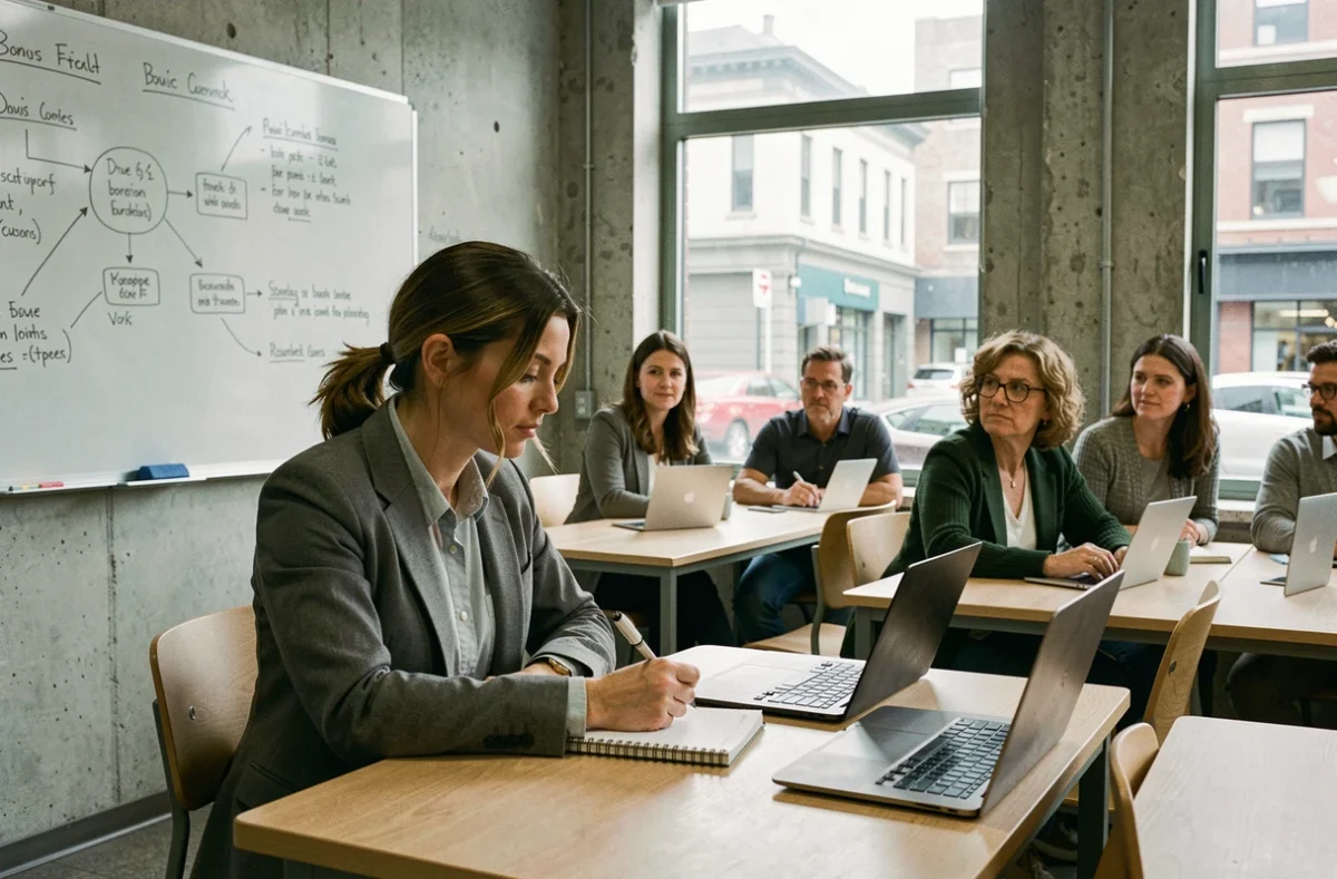 Étudiante adulte en formation continue prenant des notes dans une salle de cours moderne au Cnam Saint-Nazaire
