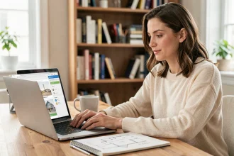 Femme débutante suivant une formation en ligne sur les travaux du bâtiment depuis son bureau à domicile