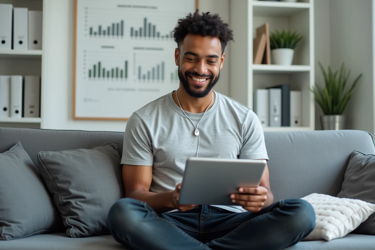 Jeune homme en reconversion professionnelle étudiant en ligne sur tablette depuis son bureau à domicile, parcours inspirant via Oulala.net