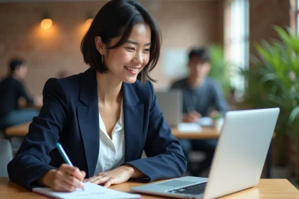 Femme souriante en formation en ligne sur Oulala.net dans un espace de coworking moderne, illustrant une reconversion professionnelle réussie