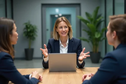 Formatrice en social selling animant une session de formation commerciale autour d'une table de réunion moderne