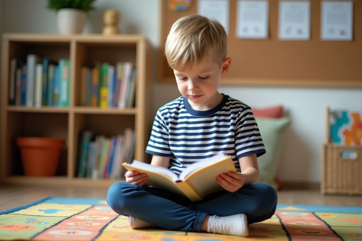 Garçon de CE2 lisant une fiche de vocabulaire et d'inférences dans un coin lecture de classe