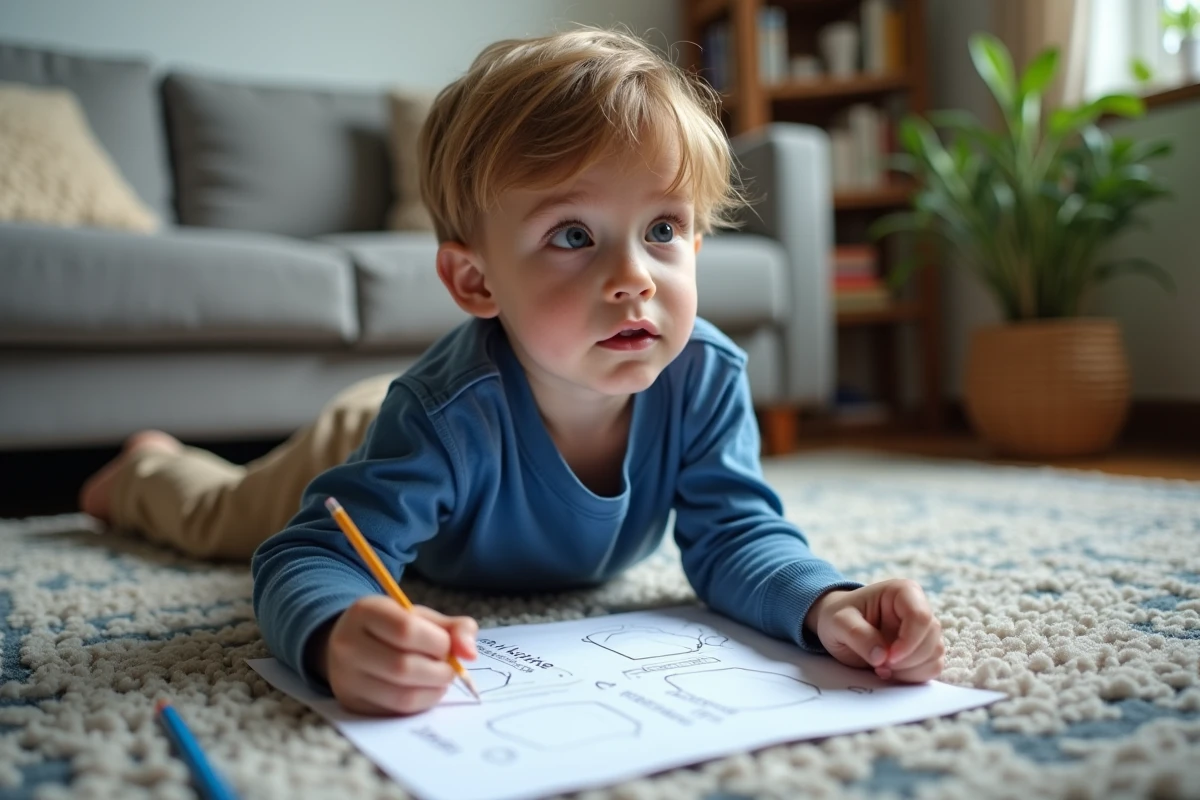 Garçon de 7 ans travaillant seul à la maison