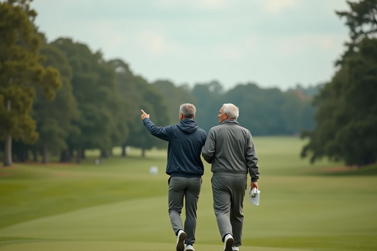 Deux golfeurs débutant et confirmé marchant sur un fairway de golf avec scorecard en main