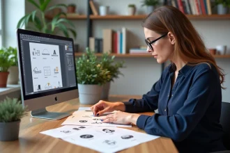 Graphiste analysant des variantes de logos pour différents types d'écoles sur un bureau de studio