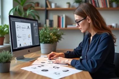 Graphiste analysant des variantes de logos pour différents types d'écoles sur un bureau de studio